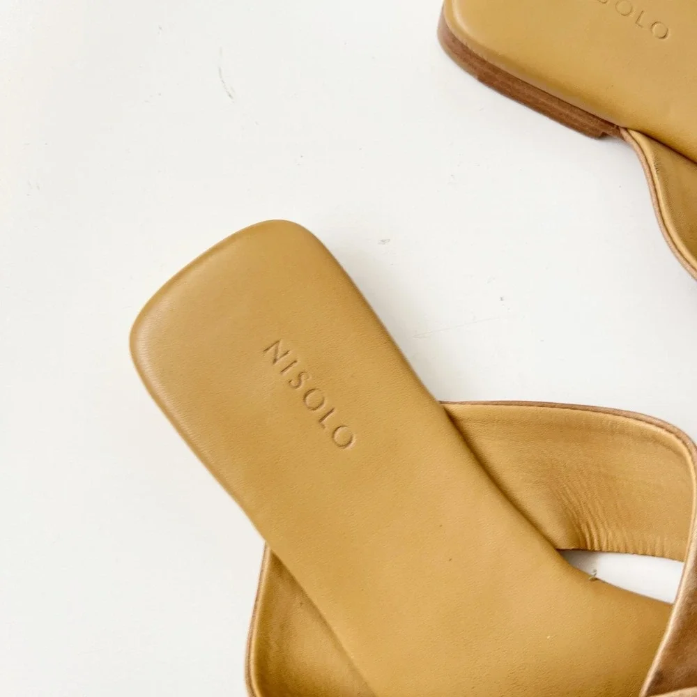Nisolo Catalina Slide Sandals Slip On Cross Square Toe Almond‎ Tan Size 9.5